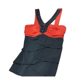 y2k Studio y maurices red black tiered Ruffle beaded neckline top size xs